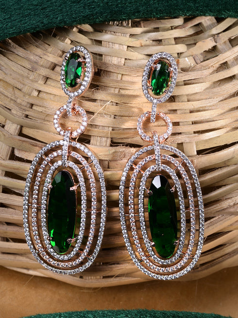 Rose Gold Plated Green AD Studded Oval Statement Earrings
