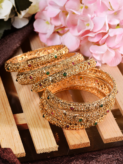 Set of 6 Gold Plated Stone Studded Filigree Bridal Bangles