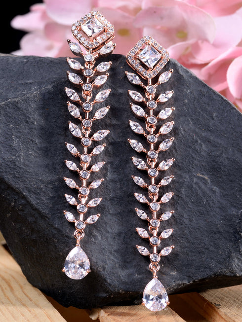Rose Gold Plated White AD Encrusted Feather Design Earings