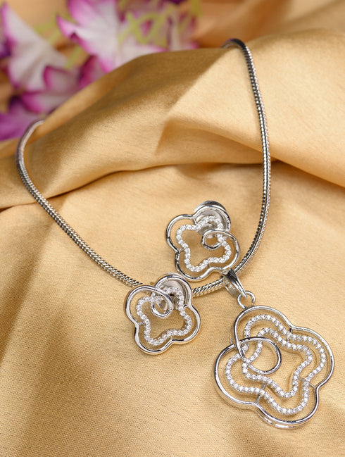 White Rhodium AD studded Floral design Pendant Earrings set chain