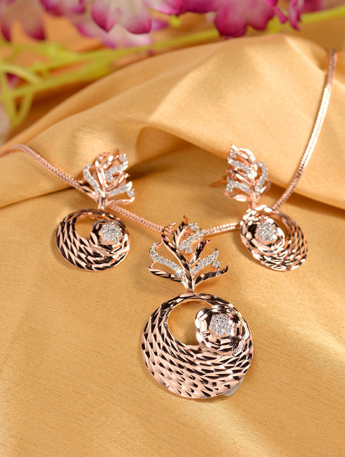 Rose Gold plated AD studded Round Pendant Earrings set chain