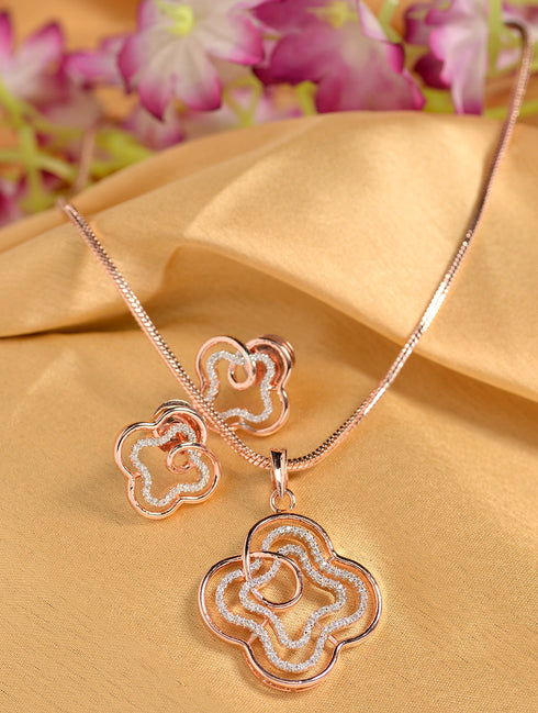 Rose Gold plated AD studded Floral design Pendant Earrings set chain