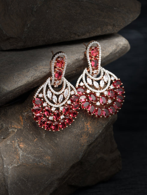 Rose Gold Plated Ruby AD studded Floral design Earrings
