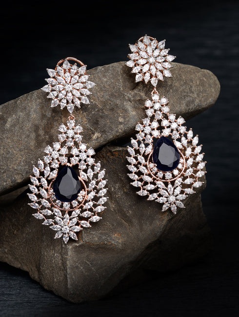 Rose Gold Plated Blue AD studded Drop Earrings