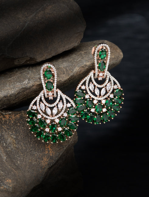 Rose Gold Plated Emerald AD studded Floral design Earrings