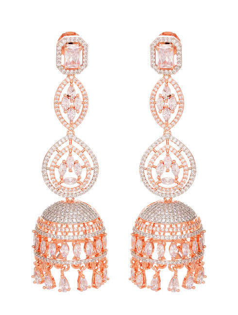 Rose Gold plated Bell shaped AD studded Jhumka Earrings