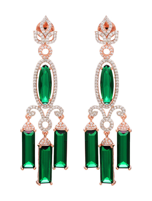 Rose Gold plated Green AD studded Drop Earrings