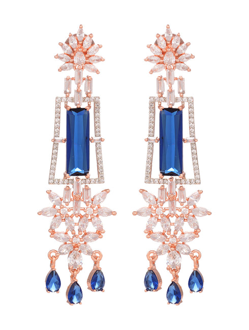 Rose Gold plated Blue AD studded Drop Earrings