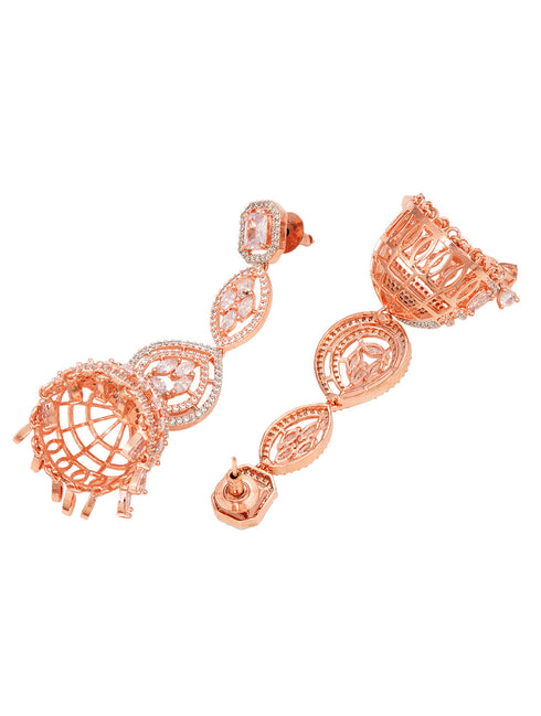Rose Gold plated Bell shaped AD studded Jhumka Earrings