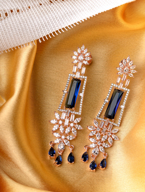 Rose Gold plated Blue AD studded Drop Earrings