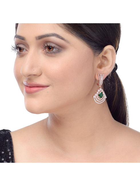 Exquisite diamond and emerald danglers, rose gold plated