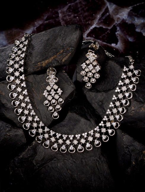 White Rhodium plated Unique Design AD studded Necklace Earrings Girls