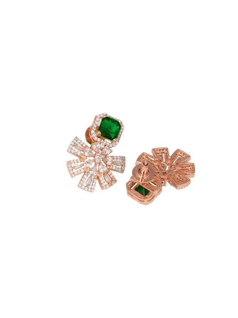 Exquisite Emerald Floral design green earrings Rose gold plated AD studded