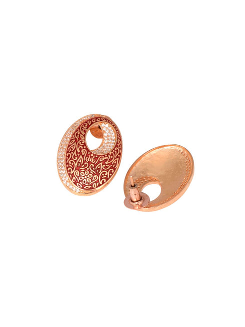 Oval Red Meenakari Small Earrings High Quality Enamelled Rose Gold Plated