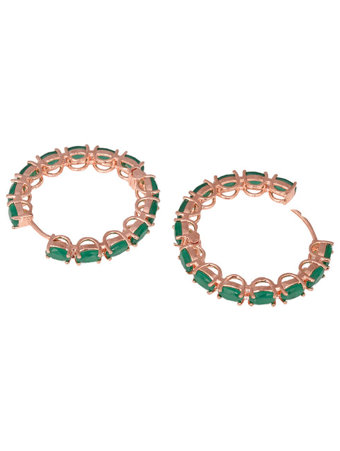 Emerald studded Hoops Rose Gold Plated Green Round Big Earrings
