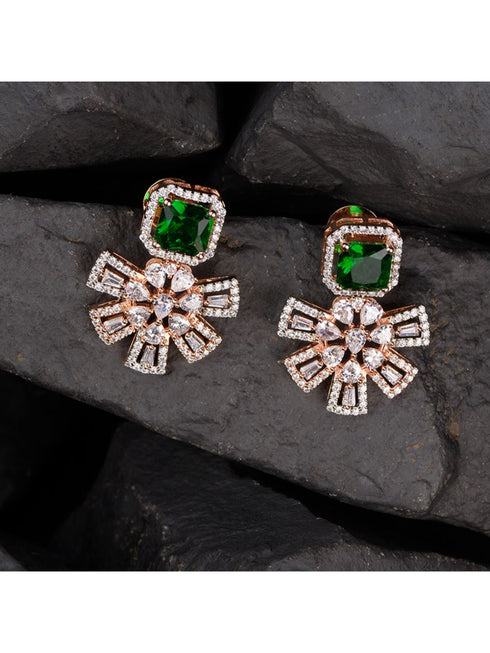 Exquisite Emerald Floral design green earrings Rose gold plated AD studded