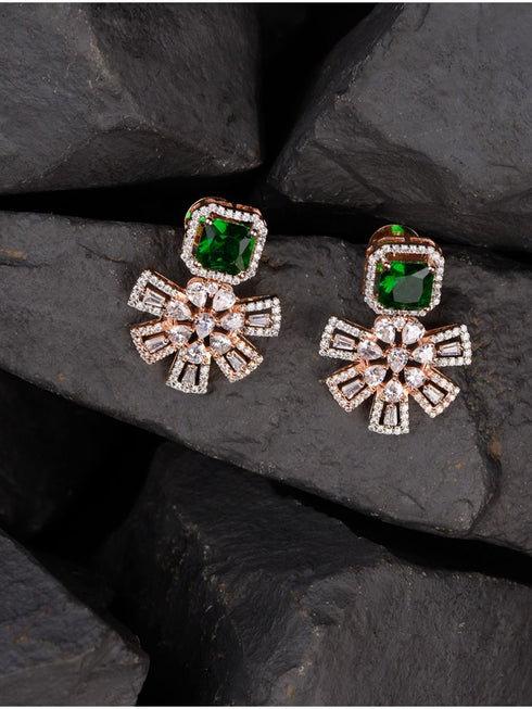 Exquisite Emerald Floral design green earrings Rose gold plated AD studded