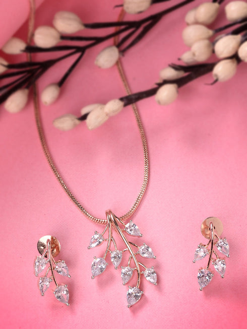 Rose Gold Plated White AD Studded Leaf Design Locket Jewellery Set