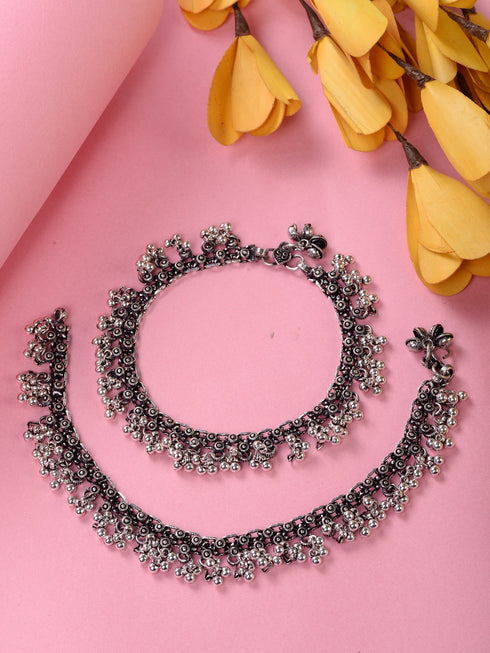 Set Of 2 Oxidised Silver Plated Payal Anklet