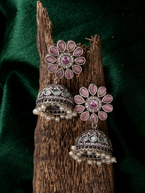 Oxidised Siver Pink Stone Studded Dome Jhumka Earrings