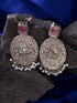 Silver Oxidised Pink Stone Studded Contemporary Earrings
