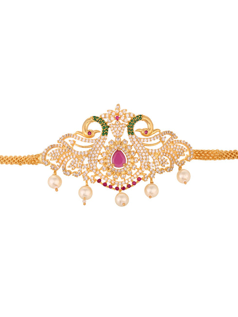 Gold Plated Red AD Studded Peacock Temple Armlet