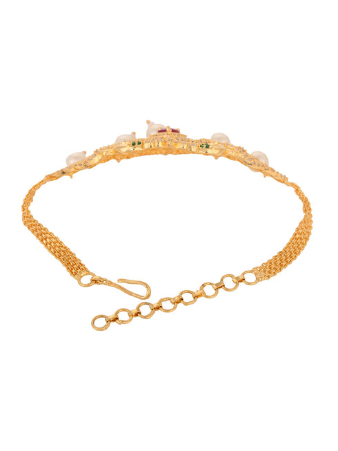 Gold Plated Red AD Studded Peacock Temple Armlet