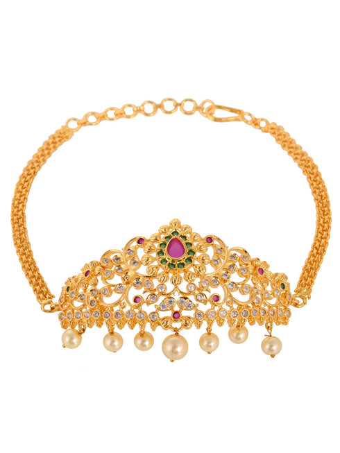 Gold Plated Red AD Studded Pearl Beaded Armlet Bracelet