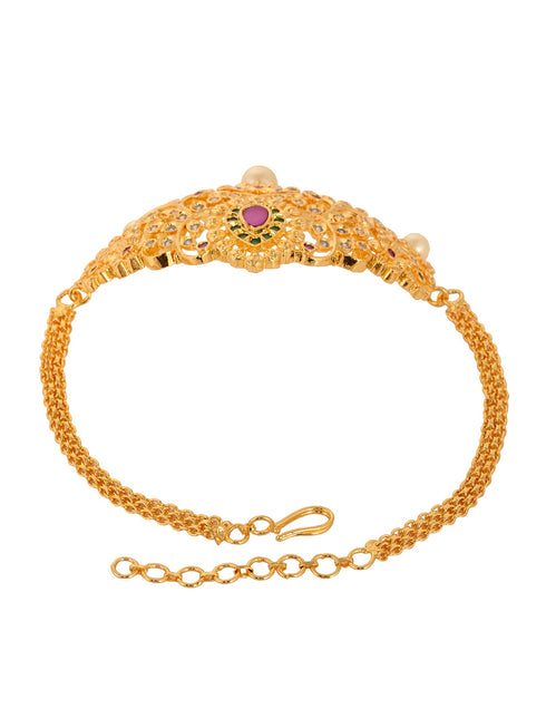 Gold Plated Red AD Studded Pearl Beaded Armlet Bracelet