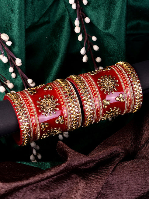 Gold Plated Set Of 2 Matching Red Bangles Set Bridal Wedding Chuda