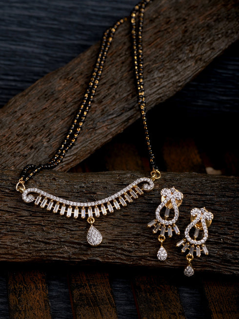 Gold Plated Black & White AD Studded & Beaded Mangalsutra Earrings