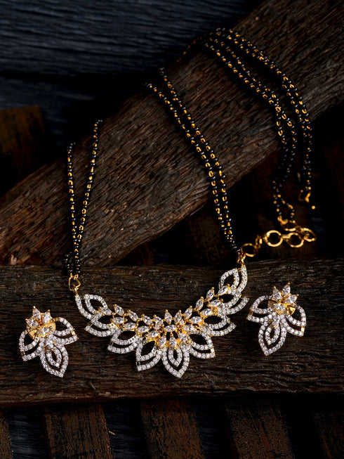 Gold Plated Black & White AD Studded & Beaded Mangalsutra Earrings