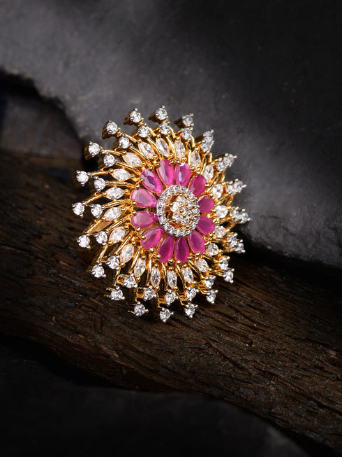 Gold Plated White & Red AD Studded Solar Cocktail Finger Ring