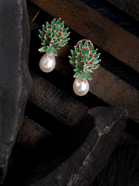 Rose Gold Plated Green AD Studded Luxourios Pearl Drop Earrings