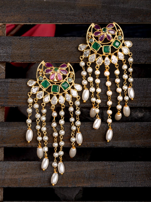 Gold Plated Red & Green AD Studded Crescent Shaped long Pearls Drop Earrings