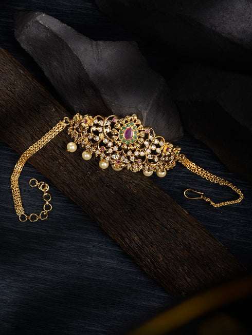 Gold Plated Red AD Studded Pearl Beaded Armlet Bracelet