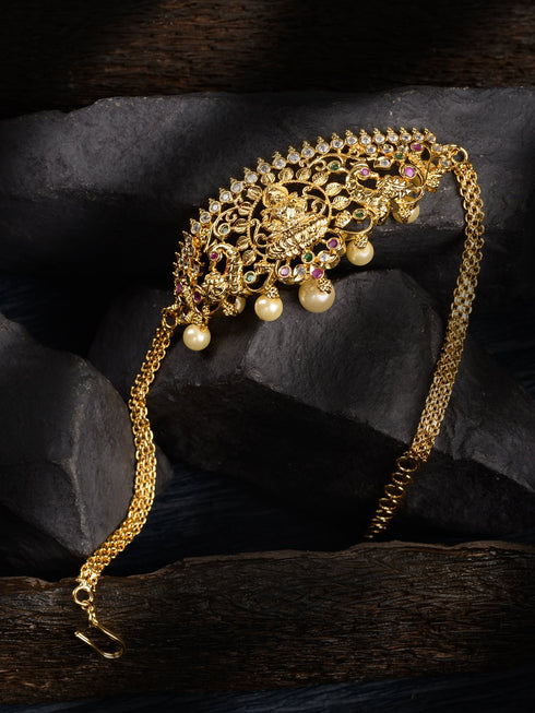 Gold Plated White AD Studded Goddess Lakshmi Temple Armlet Bracelet