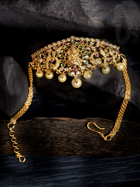 Gold Plated White AD Studded Temple Motif Armlet Bracelet