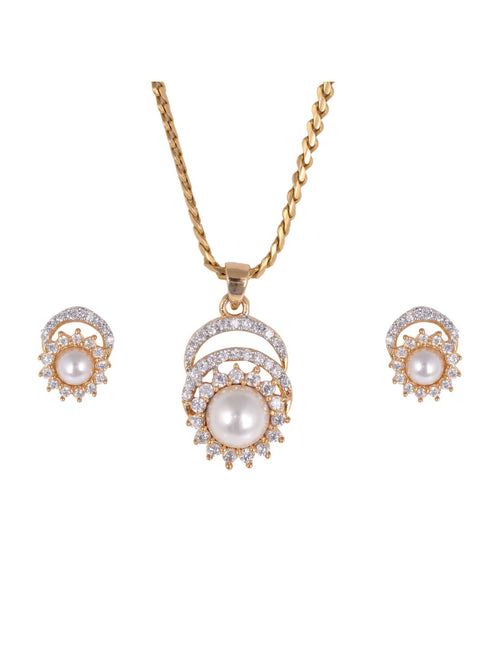 Gold plated AD and Pearl studded Pendant Earrings set chain for Women Girls