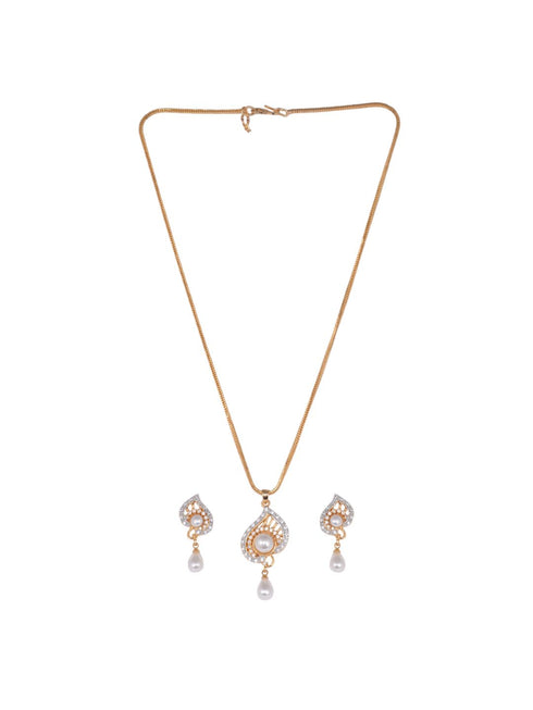 Gold plated AD and Pearl studded Unique leaf design Pendant Earrings set chain for Women & Girls