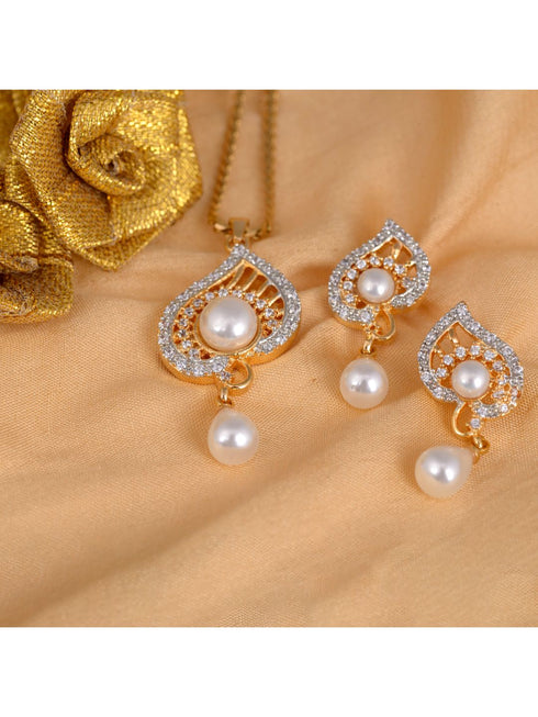 Gold plated AD and Pearl studded Unique leaf design Pendant Earrings set chain for Women & Girls