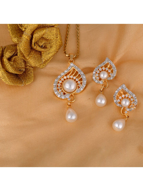 Gold plated AD and Pearl studded Unique leaf design Pendant Earrings set chain for Women & Girls