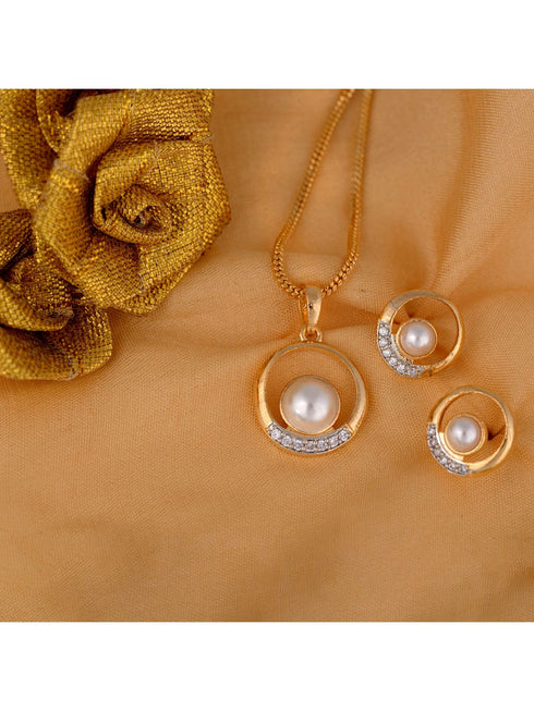 Gold plated AD and Pear studded Elegant Pendant Earrings set chain for Women & Girls