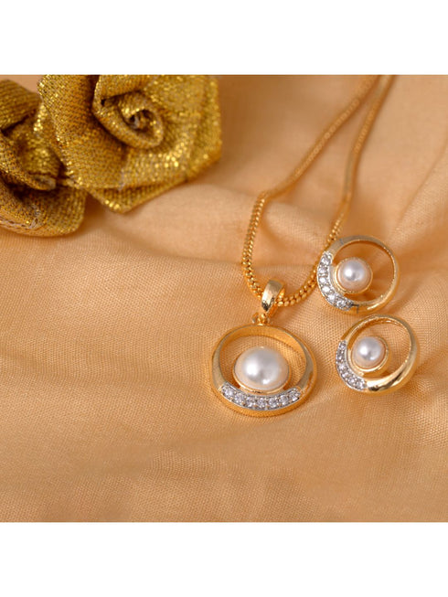 Gold plated AD and Pear studded Elegant Pendant Earrings set chain for Women & Girls