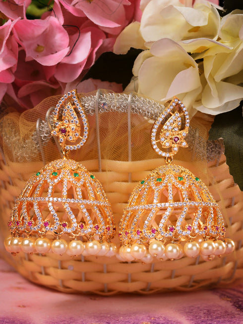 Gold Plated White AD studded handcrafted Dome shaped Jhumkas