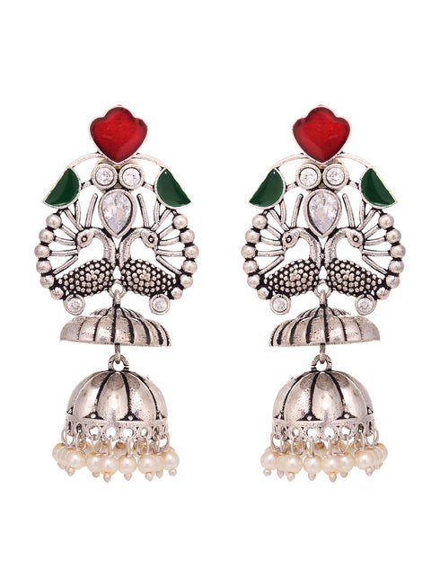Silver Tonned Contemporary Oxidised Jhumka Earrings