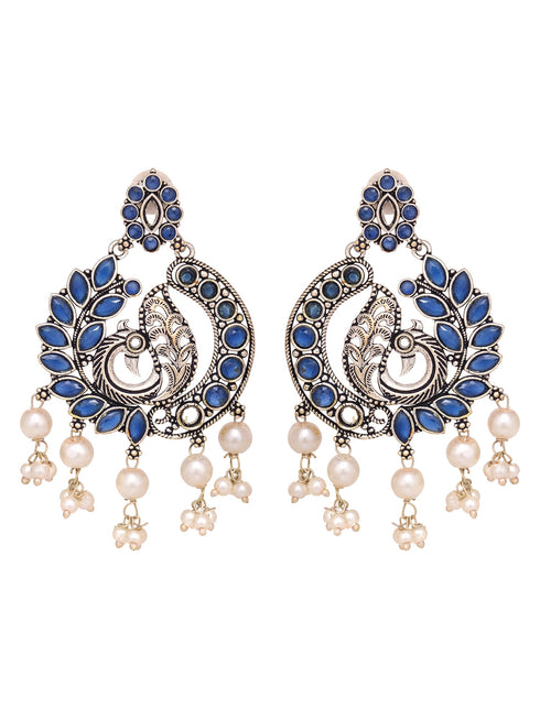 Silver Plated Oxidised Blue Peacock shaped Earrings