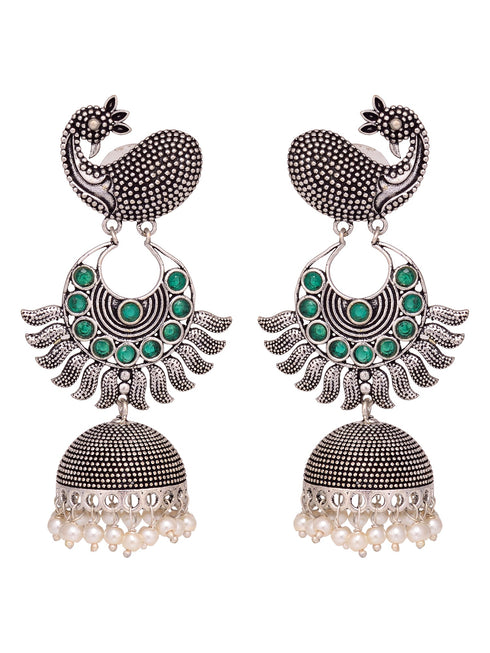 Silver Tonned Peacock design Oxidised Jhumka Earrings