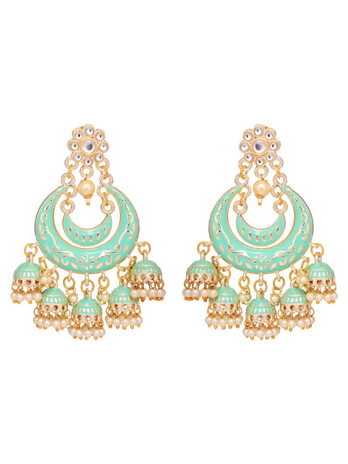 Gold Plated Mint Contemporary Chandbali Drop Earrings