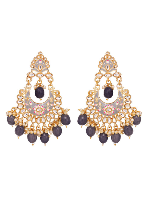 Gold Plated Grey Contemporary Chandbali Drop Earrings